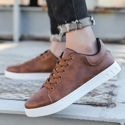 men’s Casual Low-Top Flat Shoes – Solid Color PU Leather Wear-Resistant Sneakers
