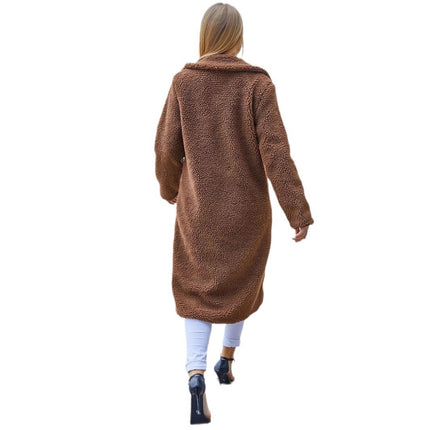 Women’s Thick Solid-Color Coat – Long-Sleeve Polyester Winter Jacket (Coffee Brown)