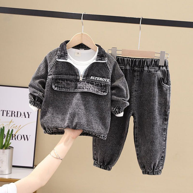 Boys Denim Two-Piece Set – Korean Style Long Sleeve Top & Pants