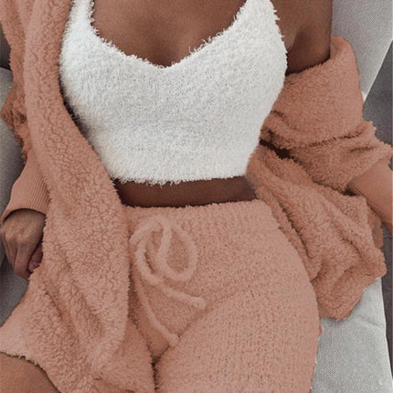 3-Piece Women’s Pajama Set – Long Sleeve Crop Top & Drawstring Shorts
