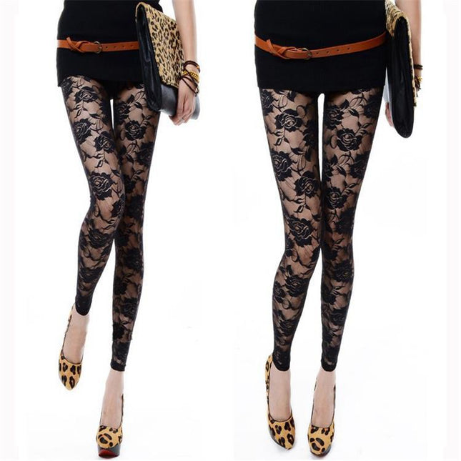 Women’s Lace Rose Slim-Fit Leggings – Sexy Ankle-Length Solid Trousers