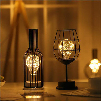 Minimalist Hollow Iron Table Lamp – Creative Wine Bottle Design with Copper Wire Lights