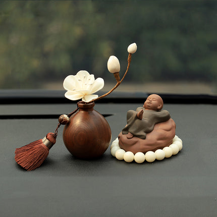 Black Walnut Monk Figurine Car Decoration Set – High-End Interior Blessing Ornament