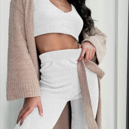 3-Piece Women’s Pajama Set – Long Sleeve Crop Top & Drawstring Shorts
