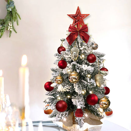 60cm Tabletop Flocked Christmas Tree with Ornaments & LED String Lights – Burlap Base Mini Holiday Decor