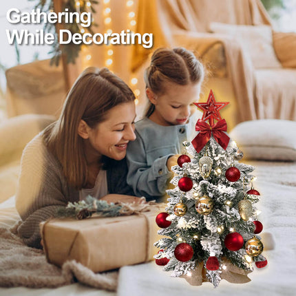 60cm Tabletop Flocked Christmas Tree with Ornaments & LED String Lights – Burlap Base Mini Holiday Decor