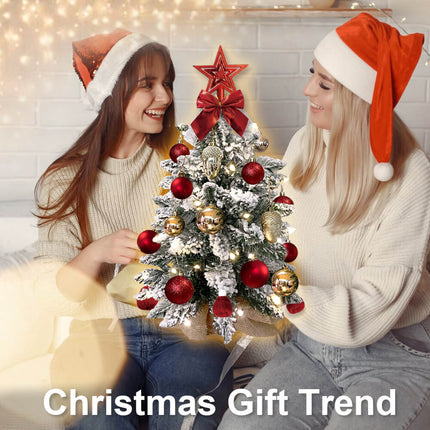 60cm Tabletop Flocked Christmas Tree with Ornaments & LED String Lights – Burlap Base Mini Holiday Decor