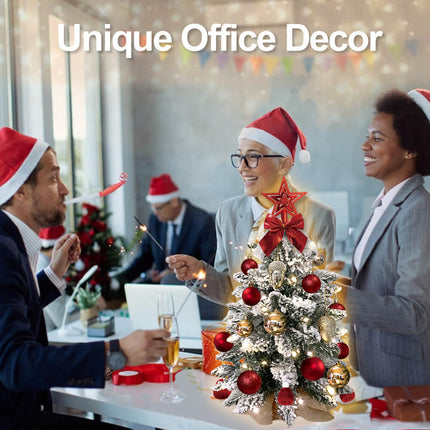 60cm Tabletop Flocked Christmas Tree with Ornaments & LED String Lights – Burlap Base Mini Holiday Decor