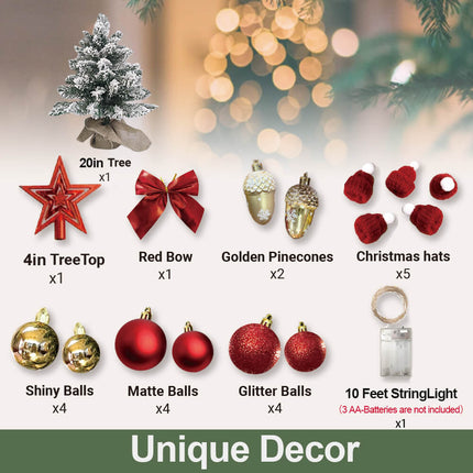 60cm Tabletop Flocked Christmas Tree with Ornaments & LED String Lights – Burlap Base Mini Holiday Decor