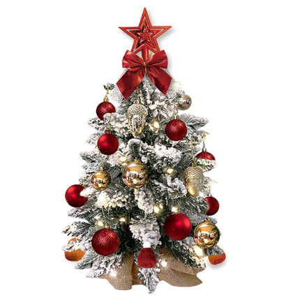 60cm Tabletop Flocked Christmas Tree with Ornaments & LED String Lights – Burlap Base Mini Holiday Decor