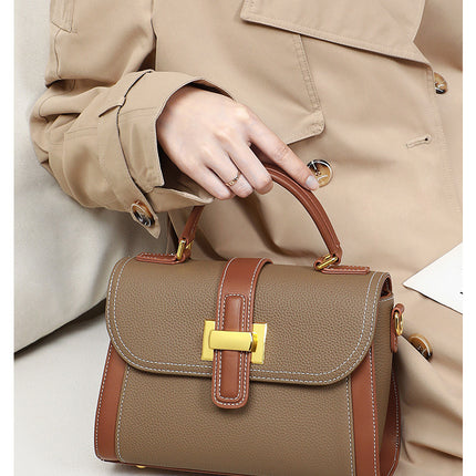 Street Trend Genuine Leather Horizontal Square Handbag with Contrast Color