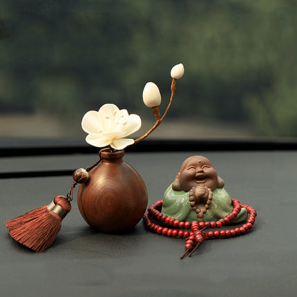 Black Walnut Monk Figurine Car Decoration Set – High-End Interior Blessing Ornament