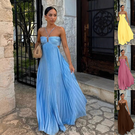 Women’s High-Waist Tube Top Maxi Dress – Solid Color Large Swing Long Dress