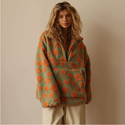 Women’s Floral Street Fashion Pullover Coat – Trendy Long-Sleeve Polyester Jacket