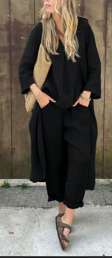 2pcs Women’s Long-Sleeved Suit Set – Loose V-Neck Long Top & High Waist Wide-Leg Pants with Pockets