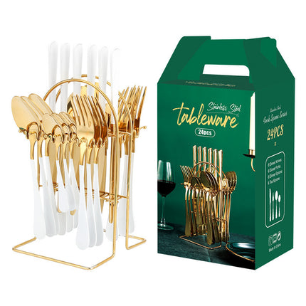 Luxury Stainless Steel Dinnerware Set – 24-Piece Cutlery with Storage Rack