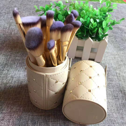 12-Piece Makeup Brush Set with Storage Bucket – Two-Tone Fiber Brushes with Wooden Handles