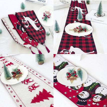 Christmas Elk & Snowman Table Runner – Cotton Linen Merry Christmas Table Flag