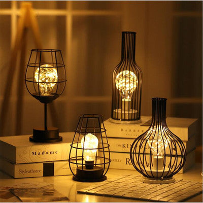Minimalist Hollow Iron Table Lamp – Creative Wine Bottle Design with Copper Wire Lights