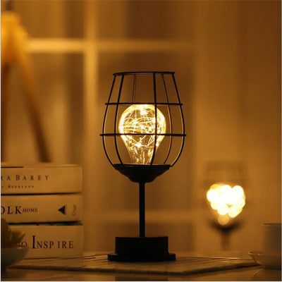 Minimalist Hollow Iron Table Lamp – Creative Wine Bottle Design with Copper Wire Lights