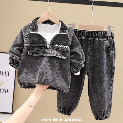 Boys Denim Two-Piece Set – Korean Style Long Sleeve Top & Pants