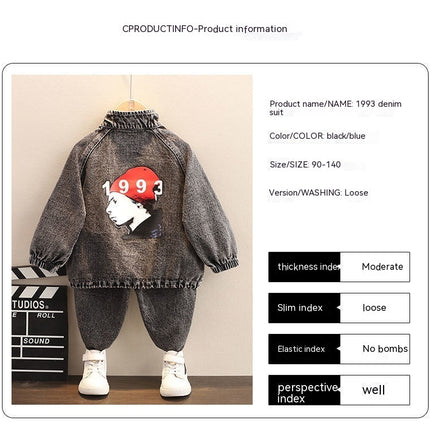 Boys Denim Two-Piece Set – Korean Style Long Sleeve Top & Pants
