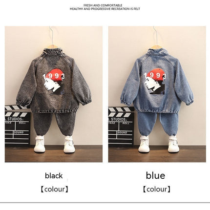 Boys Denim Two-Piece Set – Korean Style Long Sleeve Top & Pants