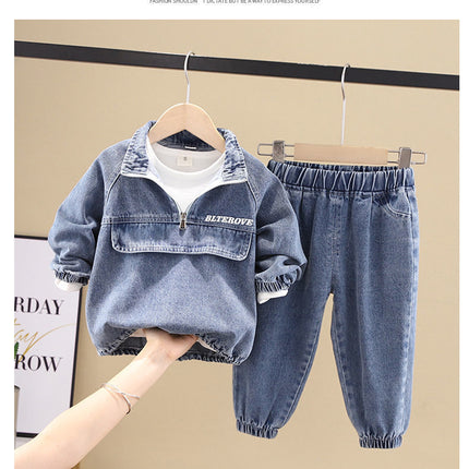 Boys Denim Two-Piece Set – Korean Style Long Sleeve Top & Pants
