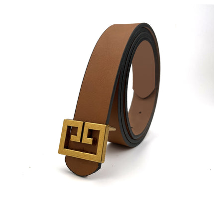 All-Match Imitation Leather Belt with Square Bronze Alloy Buckle