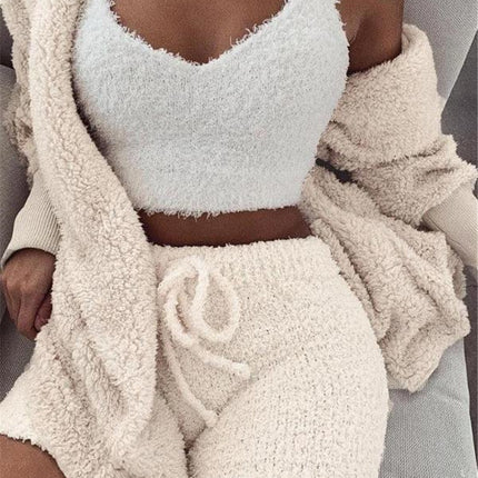 3-Piece Women’s Pajama Set – Long Sleeve Crop Top & Drawstring Shorts
