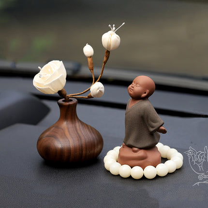 Black Walnut Monk Figurine Car Decoration Set – High-End Interior Blessing Ornament