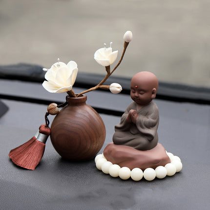 Black Walnut Monk Figurine Car Decoration Set – High-End Interior Blessing Ornament