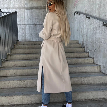 Women’s Long Solid Color Commuter Coat – Elegant Temperament Polyester Overcoat