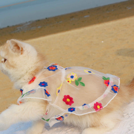 Princess Fairy Flower Embroidery Dress with Hand-Woven Straw Hat for Cats and Dogs