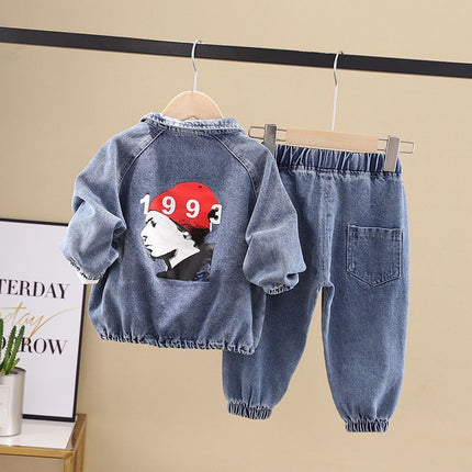 Boys Denim Two-Piece Set – Korean Style Long Sleeve Top & Pants