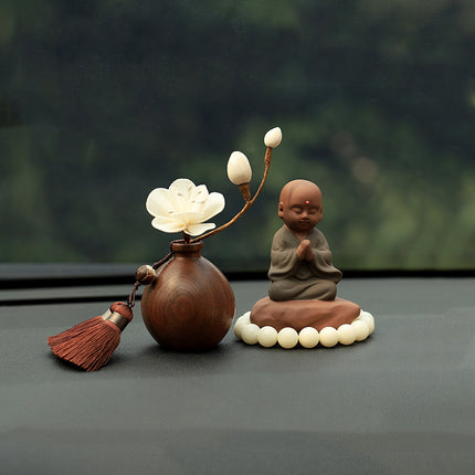 Black Walnut Monk Figurine Car Decoration Set – High-End Interior Blessing Ornament