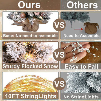 60cm Tabletop Flocked Christmas Tree with Ornaments & LED String Lights – Burlap Base Mini Holiday Decor