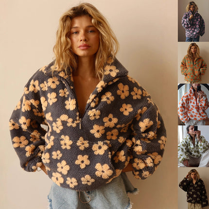 Women’s Floral Street Fashion Pullover Coat – Trendy Long-Sleeve Polyester Jacket