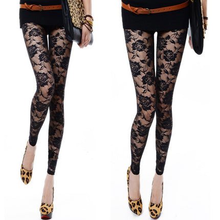 Women’s Lace Rose Slim-Fit Leggings – Sexy Ankle-Length Solid Trousers