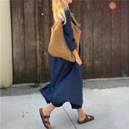 2pcs Women’s Long-Sleeved Suit Set – Loose V-Neck Long Top & High Waist Wide-Leg Pants with Pockets
