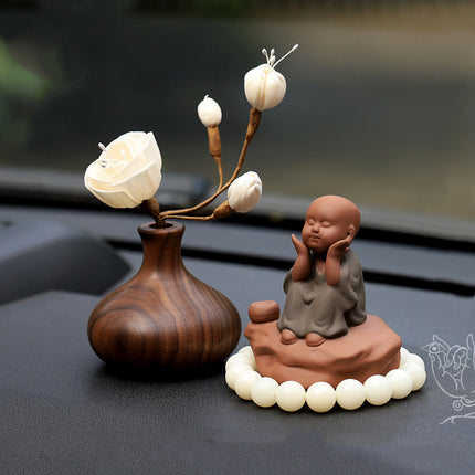 Black Walnut Monk Figurine Car Decoration Set – High-End Interior Blessing Ornament