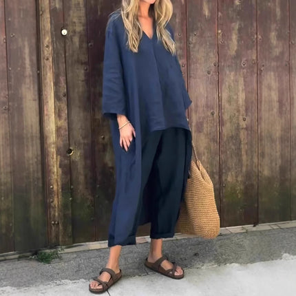 2pcs Women’s Long-Sleeved Suit Set – Loose V-Neck Long Top & High Waist Wide-Leg Pants with Pockets