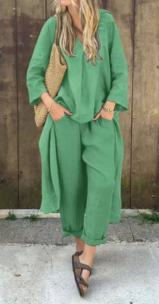 2pcs Women’s Long-Sleeved Suit Set – Loose V-Neck Long Top & High Waist Wide-Leg Pants with Pockets