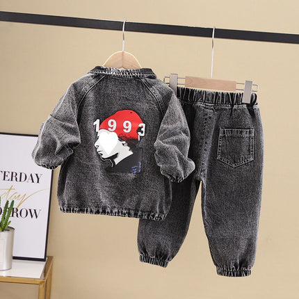 Boys Denim Two-Piece Set – Korean Style Long Sleeve Top & Pants