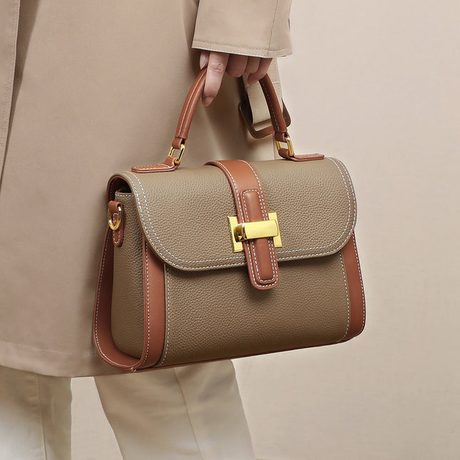 Street Trend Genuine Leather Horizontal Square Handbag with Contrast Color