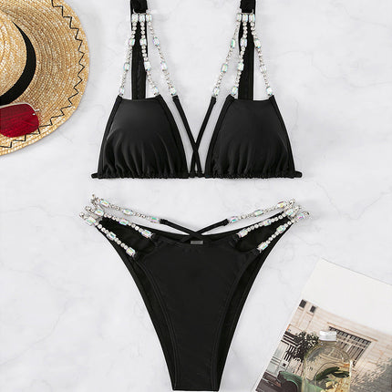 Women’s Solid Color High Waist Backless Swimsuit – Black Two-Piece