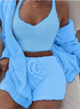 3-Piece Women’s Pajama Set – Long Sleeve Crop Top & Drawstring Shorts