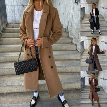 Women’s Long Solid Color Commuter Coat – Elegant Temperament Polyester Overcoat