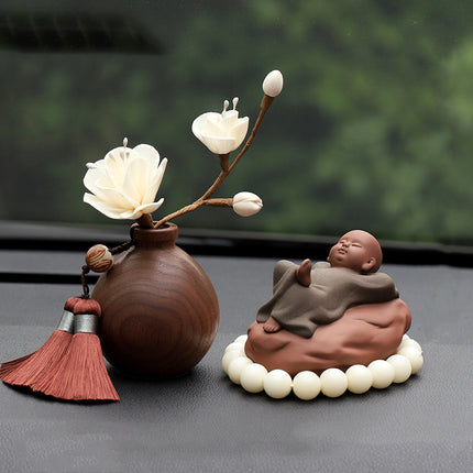 Black Walnut Monk Figurine Car Decoration Set – High-End Interior Blessing Ornament