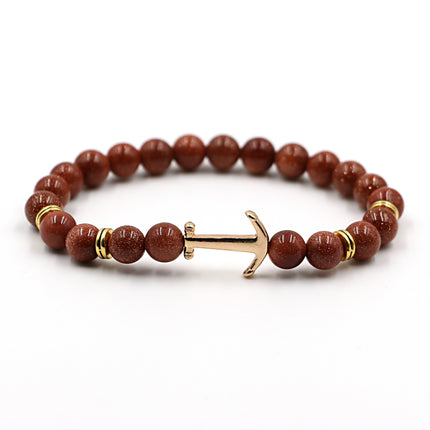 Unisex Natural Stone Boat Anchor Bracelet with Rhinestones